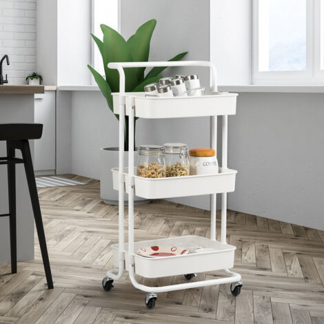 COSTWAY Carrito Auxiliar de Almacenamiento con 4 Ruedas Universales 2 con Frenos Carga 60kg Carro de Cocina 3 Cestas de ABS Antioxidante