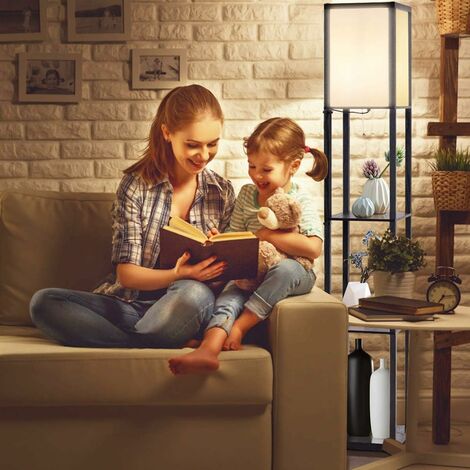 Estantería con Lámpara Pie con Pantalla 3 Estantes de Madera Moderna para Sofá Cama Salón Habitación Estudio Decoración
