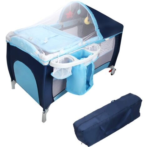 COSTWAY Cuna de Bebé Cama Viaje Plegable con Rueda con Colchón para Cambiador Paal con Función de Oscilante (Azul)