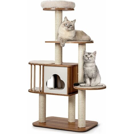 COSTWAY Mueble para Gatos Árbol Actividad para Gatos con Poste Rascador y  Colchonetas Casa de Madera