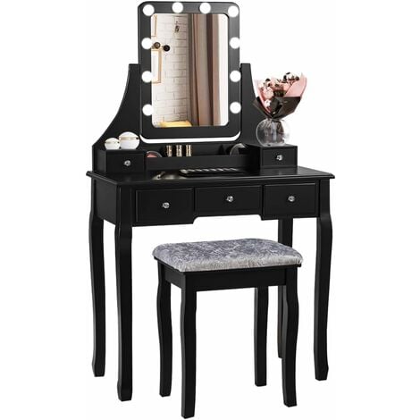 Tocador de maquillaje con espejo y luces, moderno juego de mesa de  maquillaje para dormitorio con taburete tapizado, escritorio con 4 cajones  y