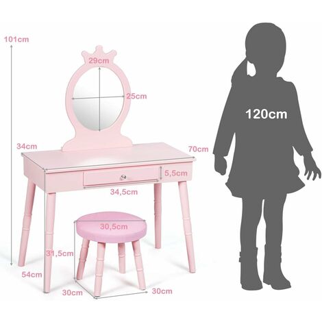 COSTWAY Tocador de Maquillaje con Taburete y Espejo para Niña de Madera 70x34x100 centímetros Mesa de Belleza con Cajón (Rosa)