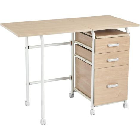 COSTWAY Escritorio Plegable para Ordenador Escritorio con 3 Cajones Removibles y Ruedas Bloqueables Mesa de Madera Moderna y Salva Espacio para Dormitorio y Oficina (Natural)