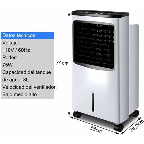 COSTWAY Acondicionador de Aire Portátil con 3 Velocidades Enfriador de Aire 75W / 8L Tanque /7,5H Temporizador/Control Remoto