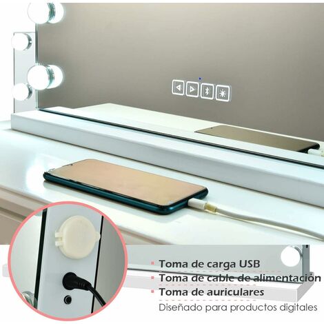 COSTWAY Espejo de Maquillaje con 15 Luces LED Espejo con 3 Colores de Luz y un Espejo Pequeño con 10 Aumentos Espejo Cosmético Bluetooth