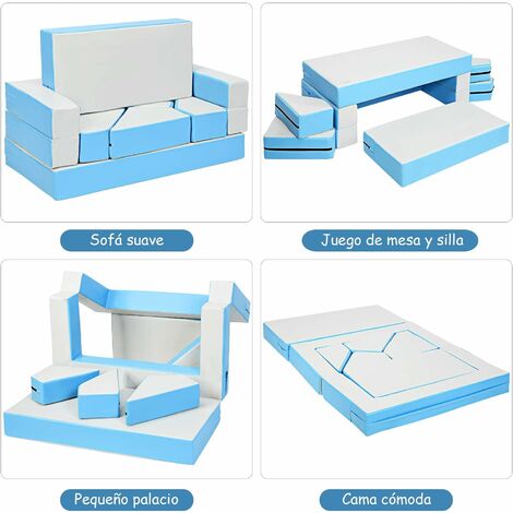 COSTWAY Sofá Cama de Juego para Niños 4 en 1 Multiusos Muebles Banco Alfombra de Juguete para Cuarto de Infantil (Azul y Blanco)