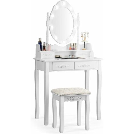 Costway – Tocador de maquillaje con espejo giratorio y luces LED – 4 cajones grandes – MDF resistente al agua – Taburete ergonómico tapizado (1/5)