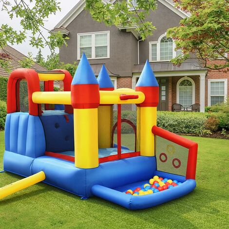 Parque Acuático Inflable COSTWAY Con Tobogán Doble, Canasta, Pared De Escalada Y Lanzador – Castillo De Agua Para Niños De 3 A 10 Años Con Soplador Incluido