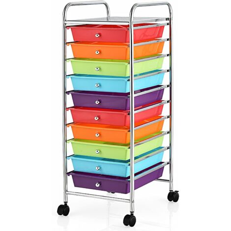 COSTWAY Carritos con Ruedas Estructura Metálica Carro Auxiliar Almacenamiento con 10 Cajones Apilables para Cocina Restaurante (Multicolor)