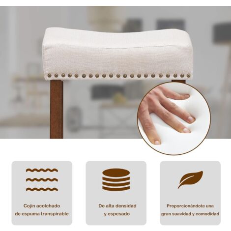 COSTWAY Set de 2 Taburetes de Bar, Taburete Alto 74 cm sin Respaldo con Tachas de Latón, Patas de Sólida Madera de Goma (Beige)