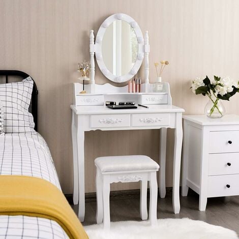 COSTWAY Set Mesa Tocador Taburete con 10 Luces LED, Mesa de Maquillaje con Espejo Ovalado Iluminado e Interruptor Táctil, Iluminosidad Regulable (Blanco)