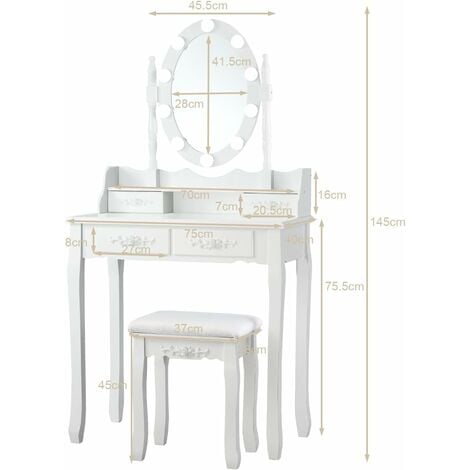 COSTWAY Set Mesa Tocador Taburete con 10 Luces LED, Mesa de Maquillaje con Espejo Ovalado Iluminado e Interruptor Táctil, Iluminosidad Regulable (Blanco)