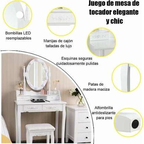 COSTWAY Set Mesa Tocador Taburete con 10 Luces LED, Mesa de Maquillaje con Espejo Ovalado Iluminado e Interruptor Táctil, Iluminosidad Regulable (Blanco)
