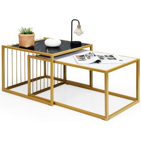COSTWAY Juego de 2 Mesas Auxiliares Mesa de Nido Mesa de Centro con Estructura de Metal Mesita de Café para Salón