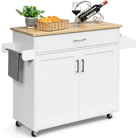 COSTWAY Carrito de Cocina Carro de Servicio Comedor con Ruedas,Toallero,Cajón, Puerta y Estantes Gabinete Mueble de Cocina