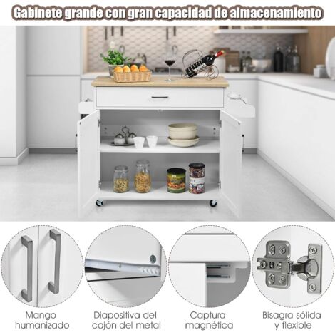 COSTWAY Carrito de Cocina Carro de Servicio Comedor con Ruedas,Toallero,Cajón, Puerta y Estantes Gabinete Mueble de Cocina
