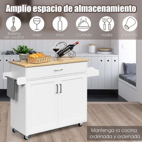 COSTWAY Carrito de Cocina Carro de Servicio Comedor con Ruedas,Toallero,Cajón, Puerta y Estantes Gabinete Mueble de Cocina