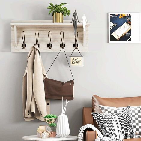  Ganchos para colgar en la pared con estante para almacenamiento  en el hogar, perchero colgante de madera con 6 ganchos de metal para  entrada, pasillo, cocina, toallero (color madera) : Hogar