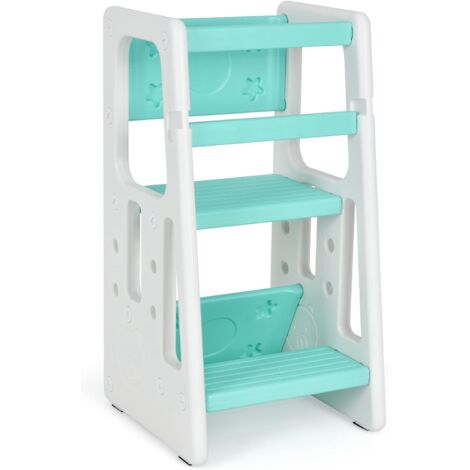 COSTWAY Torre de Aprendizaje para Niños con Doble Barrera de Seguridad, Taburete Escalera 3 Alturas Regulables y Almohadillas Antideslizantes (Verde)