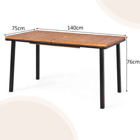 COSTWAY Mesa de Jardín Mesa de Exterior con Agujero para Sombrilla Mesa de Madera y Marco de Metal para Terraza Patio Jardín 140x75x76cm