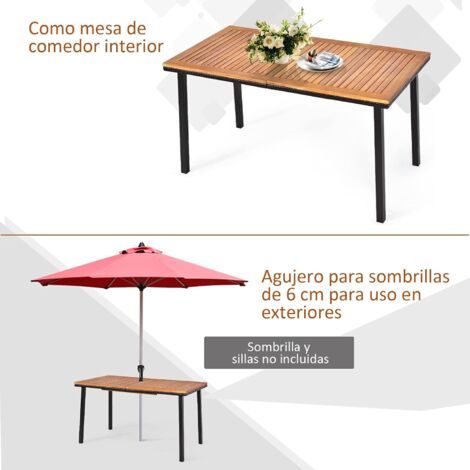 COSTWAY Mesa de Jardín Mesa de Exterior con Agujero para Sombrilla Mesa de Madera y Marco de Metal para Terraza Patio Jardín 140x75x76cm