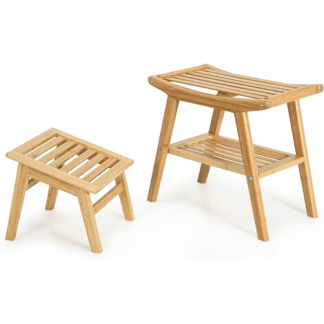 Banco de ducha de bambú, taburete de spa, asiento de madera de 2 niveles,  taburete de afeitar con pies antideslizantes + estante de almacenamiento