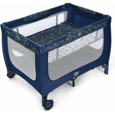 COSTWAY Cuna Multifuncional para Niños/Parque Portátil Plegable para Niños con 2 Ruedas/Centro Actividad Resistente y Duradero Tejido Oxford y Red Transpirable (Azul) (1/5)