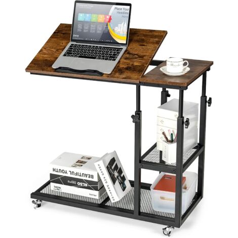 COSTWAY Mesita Lateral Móvil 80 x 40 x 64-95 cm con Forma de C con Repisas/Mesita Altura Regulable para Ordenador con Superficie Inclinable 0° a 32,5° (1/5)