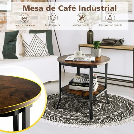 VASAGLE Mesa auxiliar, mesa auxiliar redonda con estante de almacenamiento,  fácil montaje, muebles de acento industrial con marco de acero, marrón