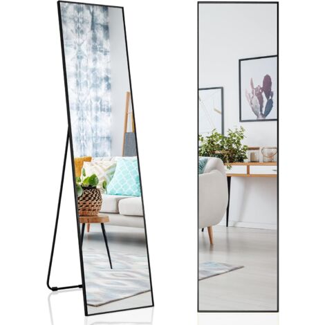 COSTWAY 160 x 40 cm Espejo Rectangular/3 en 1 Espejo de Pared o de Pie, con Cristal Inastillable y Marco de Aleación de Aluminio para Dormitorio, Salón, Vestíbulo (Negro)