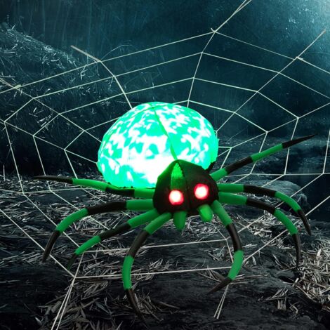 COSTWAY Araña Inflable de Halloween con Telaraña, Araña Inflable Aterradora con luz LED Giratoria, Patas Verdes y Negras, Decoración Impermeable de Halloween para Patio, Fiesta, Jardín, Césped (1/5)