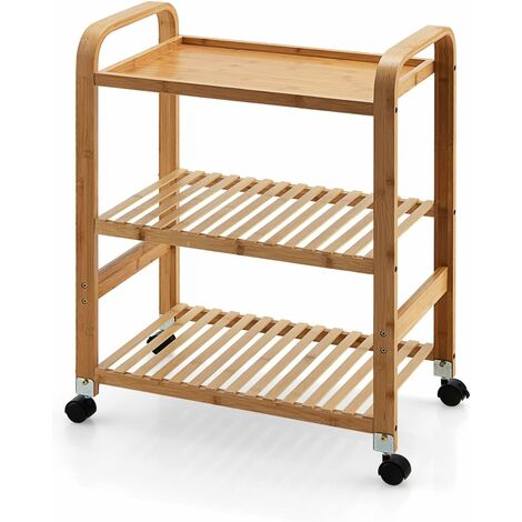 COSTWAY Carrito de Bambú de 3 Niveles, Carrito de Servicio de Cocina con Ruedas de Bloqueo, Asas Laterales, Estante de Almacenamiento Multifuncional de 3 Niveles 58 x 33 x 76 cm (1/5)