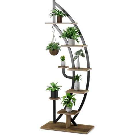 COSTWAY Estantería Metálica para Plantas de 7 Niveles/Estantería Curvada en Forma de Media Luna con Gancho Superior, Dispositivo Antivuelco, para Flores para Balcón Salón