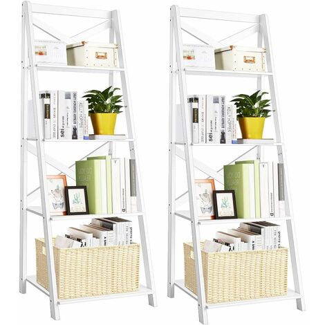 COSTWAY Set de 2 Estantería Escalera de 4 Niveles 5046143cm Estante de Esquina de Madera para Libro Flor Planta Decoración Sala blanco