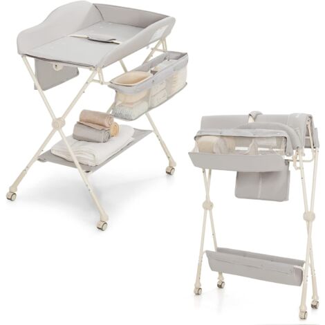 COSTWAY Cambiador de Pañales Plegable para Niños, Cubículo Cambio Pañales con Almacenaje, Ruedas Extraíbles y Bloqueables, Cinturón de Seguridad, Organizador Móvil para Bebé y Niño (Gris) (1/5)