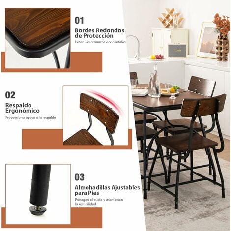 Juego de mesa y sillas de cocina (5 piezas, madera, patas de metal), color  marrón, Madera, metal, Marrón