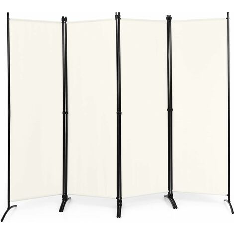 COSTWAY Biombo Divisor de 4 Paneles, Divisor de Habitaciones de Hierro Plegable, Biombos Decorativos de Fibra Portátil, Separador Ambientes Independiente para Interiores y Exteriores (Beige)