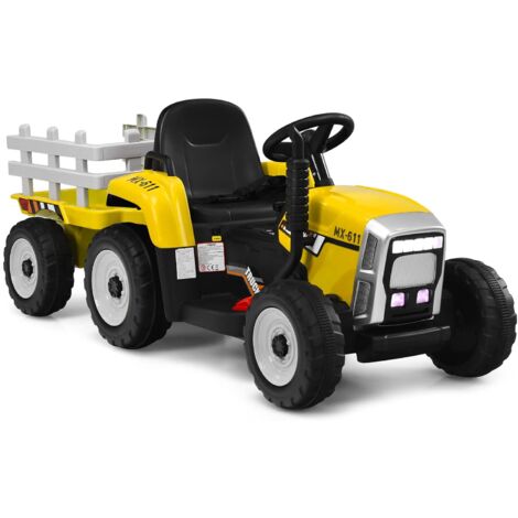 COSTWAY Tractor con Remolque 12V, 3 Velocidades y Control Remoto 2,4G Juguete Tractor con Luces LED, Música,USB y Bluetooth para Niños Mayores de 3 Años (Amarillo)