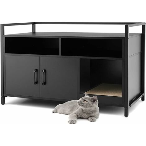 COSTWAY Caja de Arena para Gato, Aseo Gatos Mascotas de Madera, Mueble de Madera para Gatos con Estante & 2 Compartimentos, Muebles Interior para Gatos Ocultos para Entrada, Sala de Estar (Negro)