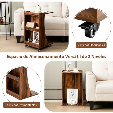 Mesa auxiliar pequeña mesa auxiliar: mesa de sofá de madera en forma de C  con marco de metal para sala de estar, dormitorio, espacios pequeños  (marrón