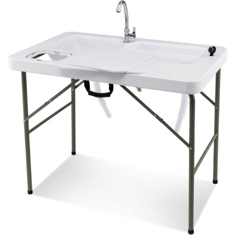 COSTWAY Mesa Plegable Camping, 2 en 1 Mesa+Estación de Limpieza, Grifo Giratorio 360°y 2 Fregaderos para Pesca, Mesa de Picnic Portátil para Camping, Pesca, Barbacoa, 101,5 x 65,5 x 107,5 cm