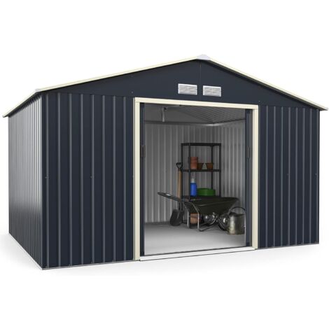 COSTWAY Cobertizo de Jardín de Metal de Exterior, 340 x 255 x 210 cm, Caseta de Jardín con 4 Respiraderos y Puertas Individuales Correderas, Casita Organizador para jardín
