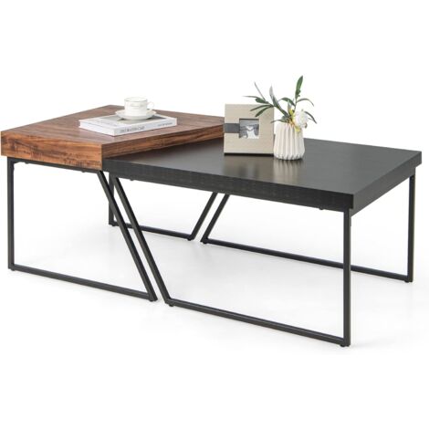 COSTWAY Juego de 2 Mesas Auxiliares de Centro, Mesa Auxiliar de Nido con Patas de Metal con Recubrimiento en Polvo, Mesa Nido de Café Trapezoidal para Sala de Estar Oficina Dormitorio