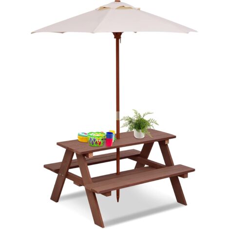 COSTWAY Mesa de Picnic para Niños 3 en 1, Mesa de Actividades al Aire Libre para Niños con Paraguas Extraíble, Bancos de Madera, Mesa de Picnic Exterior para Jardín, Patio, Casa, Césped