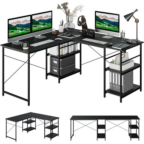 COSTWAY Escritorio de Ordenador en Forma de L, 3 Orificios para Cables, 4 Estantes, 2 Formas, Mesa de Trabajo de 2 Personas,Mesa Escritorio Esquina Gaming, 242x60x75cm (negro, Estante)