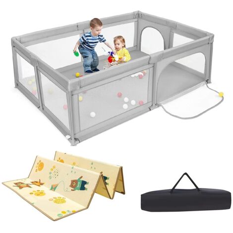 COSTWAY Parque Infantil Bebe, Parque para Bebés y Niños, Centro Actividad Estable y Atóxico, Parque Anticaída con Pelotas, Red Transpirable y Cremallera Duradera (Gris)