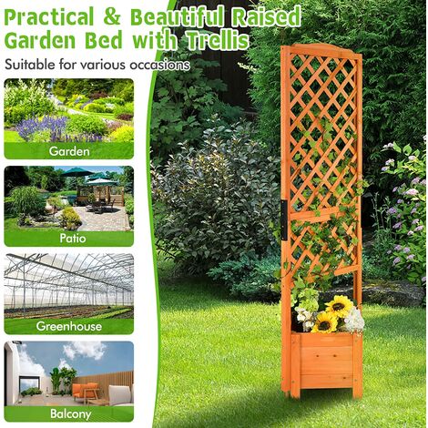 Jardinera Elevada Con Enrejado De Madera De Abeto - 64x28x127 Cm, Con Ruedas, Para Plantas Trepadoras En Balcón O Jardín