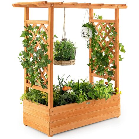 COSTWAY Jardinera Elevado con Enrejado Arqueado, Techo Colgante, Macetero, Orificios de Drenaje, Contenedor Vertical de Plantas para Plantas, Macetero de Madera Interior Exterior para Jardín Patio