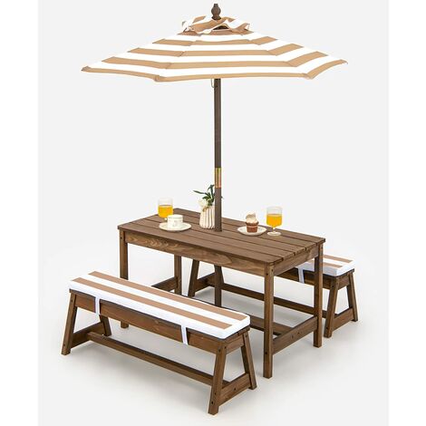 COSTWAY Juego de Mesa y 2 Bancos de Madera con Cojines y Sombrilla, Mesa de Picnic para Niños con Sombrilla, Set de Mesa y Silla para Actividades Interiores y Exteriores para Niños (café)