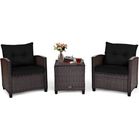COSTWAY Conjunto Muebles de Ratán para Comedor Salón Jardín Terraza 1 Mesa y 2 Sillas con Cojín de Asiento para Patio Terraza Interior Exterior (Negro) (1/2)
